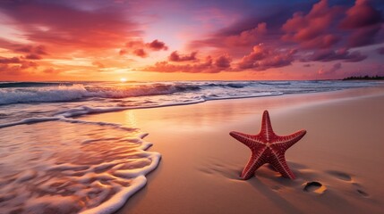 Fototapeta na wymiar Image of a beach at sunset, with a red starfish.