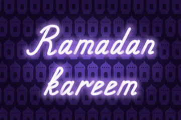 Ramadan Kareem. Purple neon lettering. Glowing holiday text. Color vector illustration. Background of purple lanterns. Congratulations on Ramadan. Idea for web design.