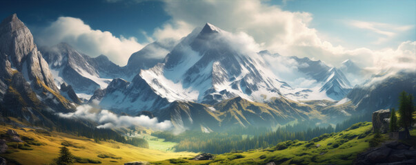 A beautiful mountains landscape with snowy peaks, amazing view.