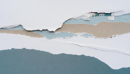 Torn paper layers revealing different shades of blue and beige, creating a textured abstract background.