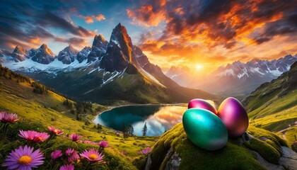 colorful easter eggs in font of wonderful nature landscape with green forest, lake and mountain