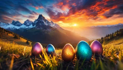 Fototapeten colorful easter eggs in font of wonderful nature landscape with green forest, lake and mountain © creativemariolorek