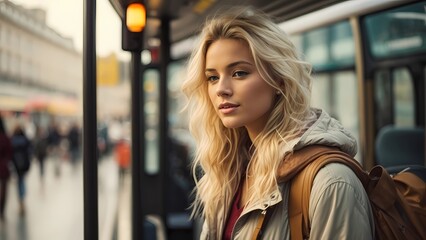 Attractive blonde female tourist waiting for public transport on bus stop. Portrait of pretty attractive blondie standing keeping holder in public transport - obrazy, fototapety, plakaty
