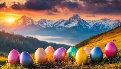 colorful easter eggs in font of wonderful nature landscape with green forest, lake and mountain