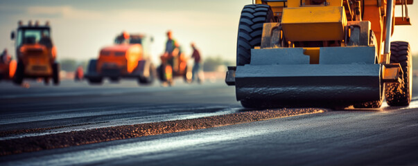 Road Construction. Road Workers making new asphalt with Construction machines. Construction...