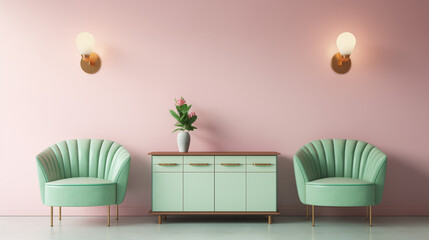 Minimalist Pastel Living Room with Mint Green Chairs and Mid-Century Modern Sideboard