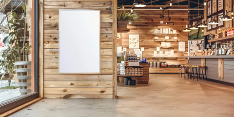 White blank  billboard on wooden wall, for advertising, mockup presentations, announcements, promotions, and digital marketing.Blank Poster frame template Digital screen Supermarket Advertising banner - obrazy, fototapety, plakaty