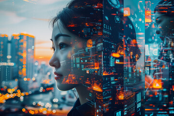 Double exposure of businesswoman working with futuristic interface and cityscape background