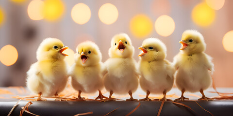 Happy birthday concept. Row of small little yellow chicks on candle background. Easter chicken and candle