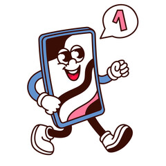 Groovy phone cartoon character with 1 in speech bubble. Funny retro phone with psychedelic wave on screen walking, mobile device mascot, cartoon smartphone sticker of 70s 80s style vector illustration