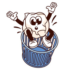 Groovy crumpled paper ball cartoon character falling into trash bin. Funny retro folded paper flying in basket, office garbage and bad idea mascot, cartoon sticker of 70s 80s style vector illustration