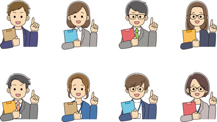 説明をする、資料を持ったスーツを着た若者たち