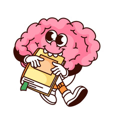 Groovy brain cartoon character holding book. Funny retro funky brain with teeth tasting knowledge and walking, learning and education mascot, cartoon sticker of 70s 80s style vector illustration