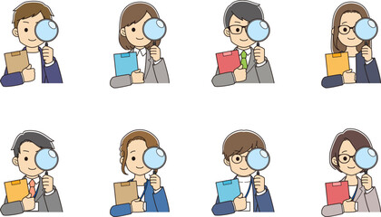 虫眼鏡と資料を持ったスーツを着た若者たち