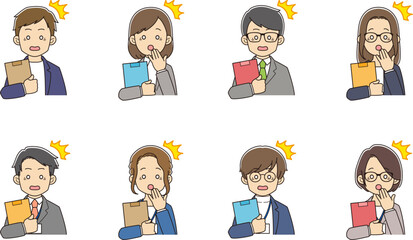 びっくりする、資料を持ったスーツを着た若者たち