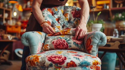 Craftsman skillfully reupholstering a vintage floral chair in a workshop