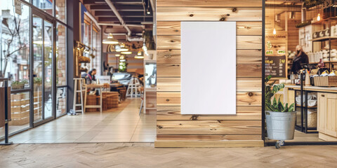 White blank  billboard on wooden wall, for advertising, mockup presentations, announcements, promotions, and digital marketing.Blank Poster frame template Digital screen Supermarket Advertising banner