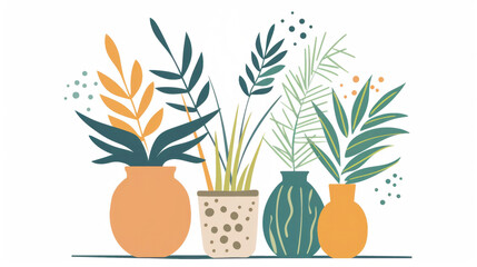 Arty AI flat vector still life with vibrant plants and decorative vases on white background