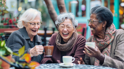 Senior women sharing laughter and coffee at an outdoor cafe