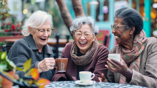 Senior women sharing laughter and coffee at an outdoor cafe