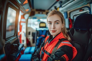Female EMS professional in orange vest sits inside an ambulance bus.