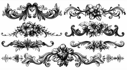 Fototapeta premium Elegant vintage flourishes and decorative floral elements in black and white