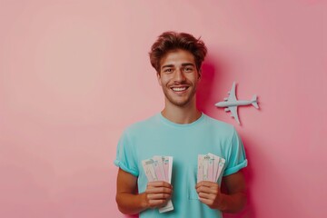 A young man joyfully holds two stacks of money in front of a pink wall.
