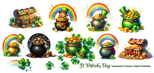St. Patrick's Day Leprechaun's treasures. Pot with golden coins. Cauldron with gold. Leprechaun treasure chest. Illustration in watercolor style on transparent background. With lucky rainbow, shamrock