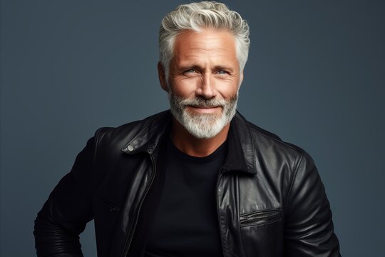 Handsome mature man with grey hair and beard wearing a black leather jacket.