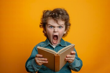 A young boy sits reading a book, suddenly letting out a scream in surprise or fear on a yellow background. - obrazy, fototapety, plakaty