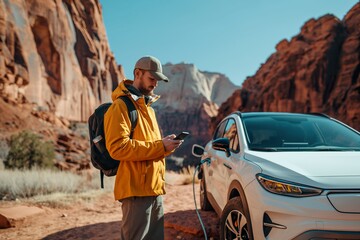 A man standing beside a white car in the vast desert, perhaps preparing to charge it using a smartphone app.