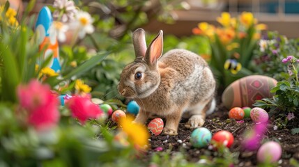 Curious Bunny with Decorated Easter Eggs in Spring Garden.