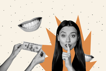 Composite 3d photo artwork graphics collage of young girl shh sign silence secret bribe draw fake...