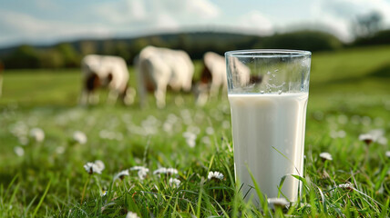 glass of fresh milk in the meadow with cow grazing in background - obrazy, fototapety, plakaty