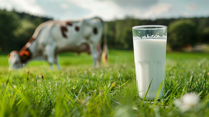 glass of fresh milk in the meadow with cow grazing in background