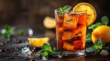 Glass of traditional iced tea garnished with lemon and mint on dark background - obrazy, fototapety, plakaty