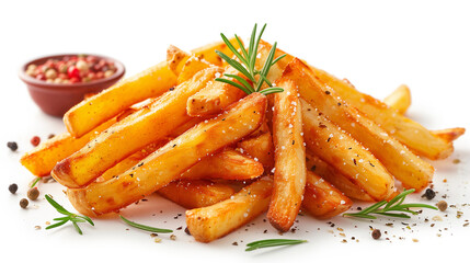 Pile of french fries with rosemary, pepper and salt on white background