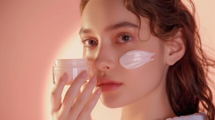 A photograph featuring a female model holding the moisturizing cream product.