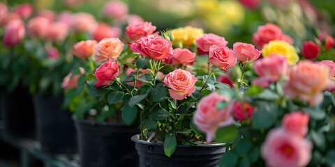 Obraz na płótnie Canvas Beautiful assortment of blooming roses in black planters at nursery. Concept Gardening, Roses, Nursery, Planters, Blooming Flowers