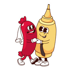 Groovy sausage and bottle of mustard cartoon characters dance. Funny retro fast food couple dancing, bride and groom, wedding mascot. Cartoon love dance sticker of 70s 80s style vector illustration