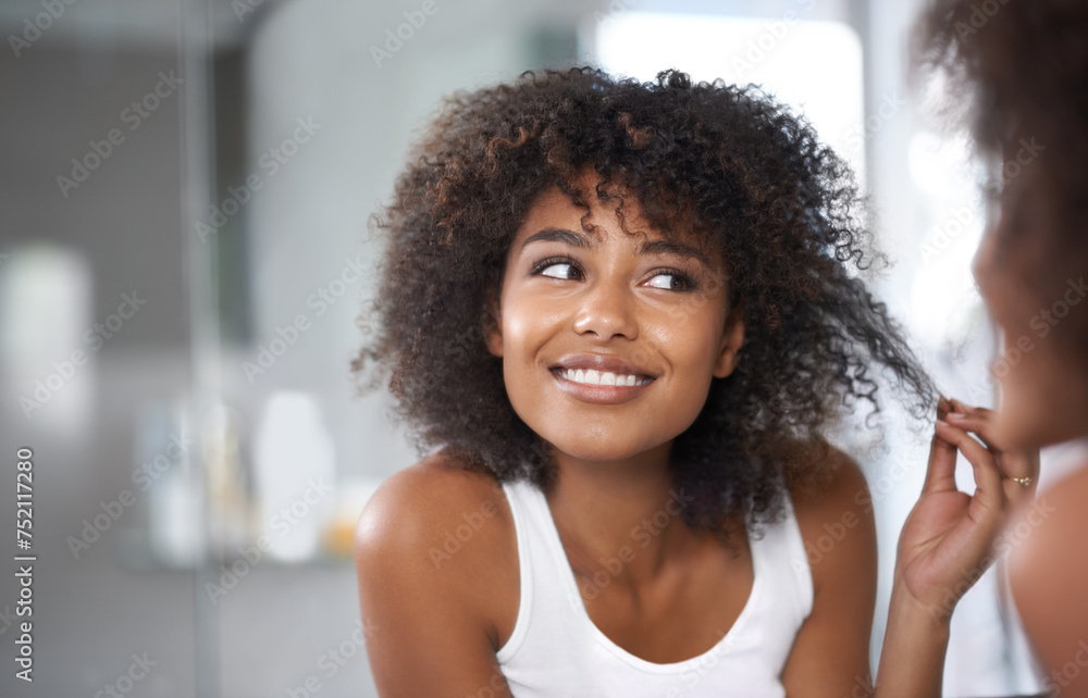 Poster Black woman, mirror and hair with beauty and texture, curly hairstyle or frizz with morning routine in bathroom. Natural, haircare and treatment for growth, shine and cosmetics in reflection at home