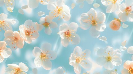 Seamless Sky Blue and White Peach Blossom Background.