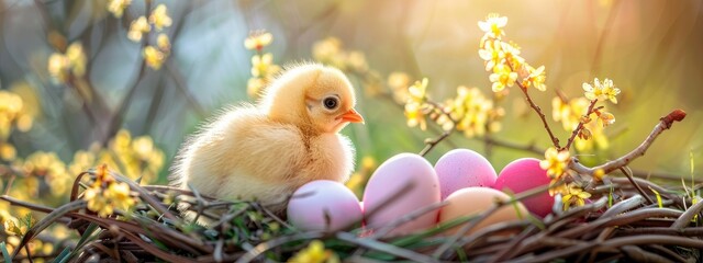 Easter Delight, Adorable Chick Nestled Beside Easter Eggs in Basket