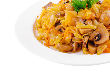 Fried cabbage with mushrooms on white plate