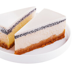 Slices of cheesecake with poppy seeds