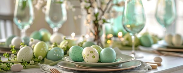 Festive Tradition, Traditional Easter Colored Eggs Adorning the Table Set in Refreshing Green Tones, Ready to Celebrate the Holiday.