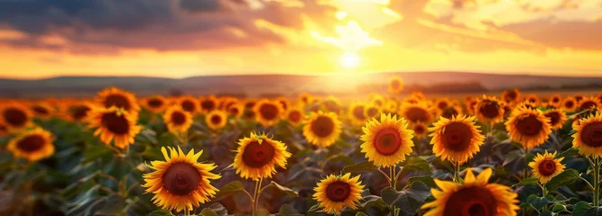 Fotobehang Sunflowers field on a sunset background © EMRAN