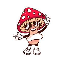 Groovy funky mushroom cartoon character with sunglasses. Funny retro comic fungus with red polka dot hat dancing, garden plant mascot, cartoon mushroom sticker of 70s 80s style vector illustration