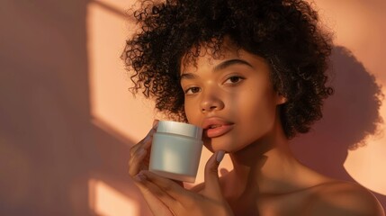 A photograph featuring a female model holding the moisturizing cream product.