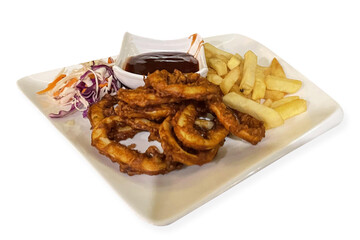 fried calamari Rings with french fries on wooden tray with dipping sauce